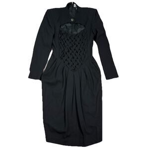 VTG BRUCE OLDFIELD Black Sheath Midi Dress Smocked Wool Size US 8 UK 10 England